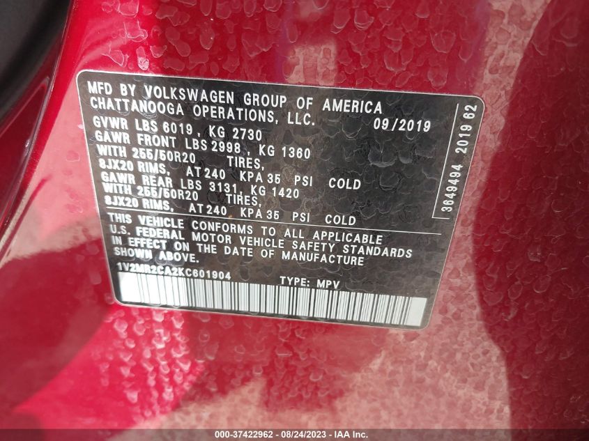 2019 VOLKSWAGEN ATLAS 3.6L V6 SEL - 1V2MR2CA2KC601904