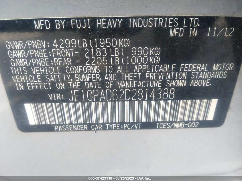 2013 SUBARU IMPREZA WAGON 2.0I PREMIUM - JF1GPAD62D2814388