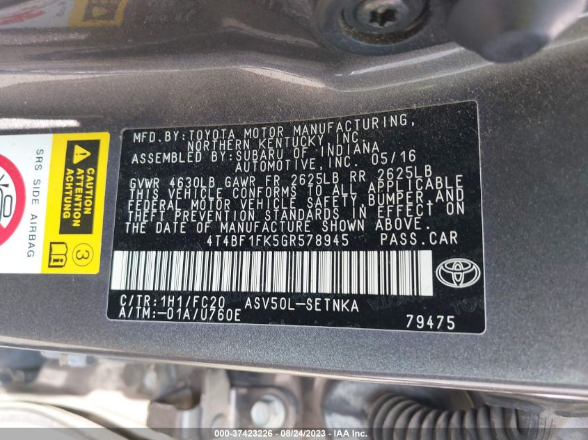 2016 TOYOTA CAMRY XLE/SE/LE/XSE - 4T4BF1FK5GR578945