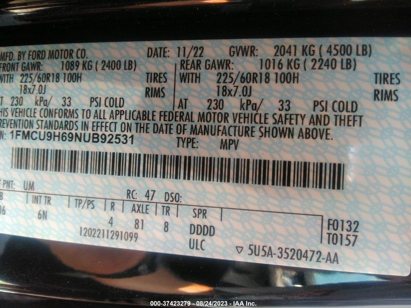 2022 FORD ESCAPE SEL - 1FMCU9H69NUB92531