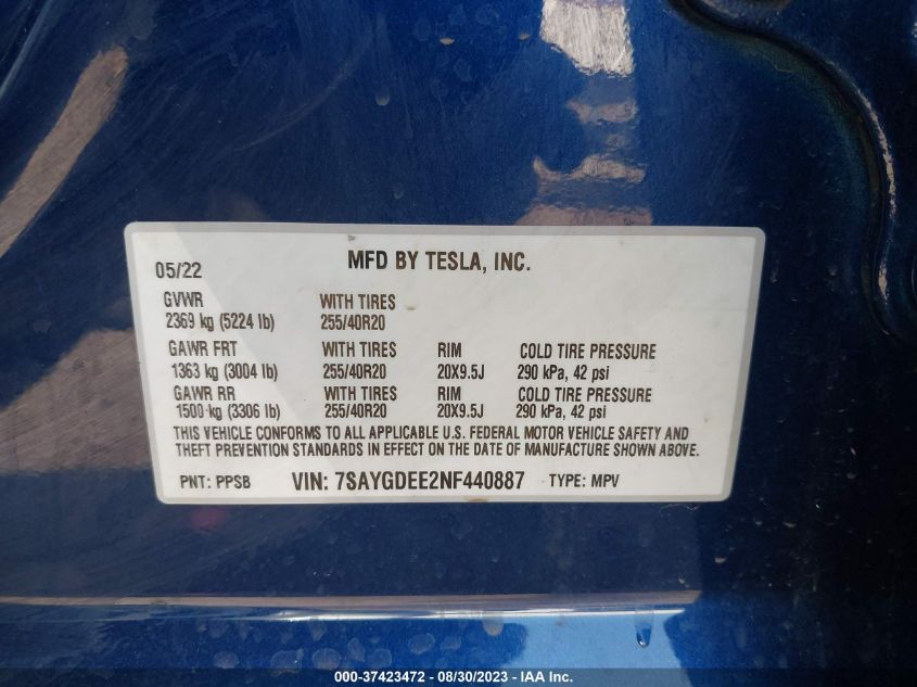 2022 TESLA MODEL Y LONG RANGE - 7SAYGDEE2NF440887