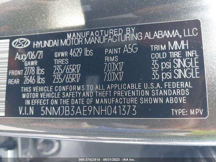 VIN 5NMJB3AE9NH041373 2022 HYUNDAI TUCSON SEL