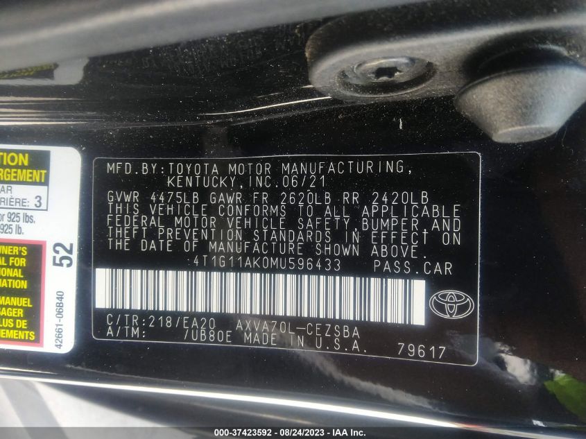 2021 TOYOTA CAMRY SE - 4T1G11AK0MU596433