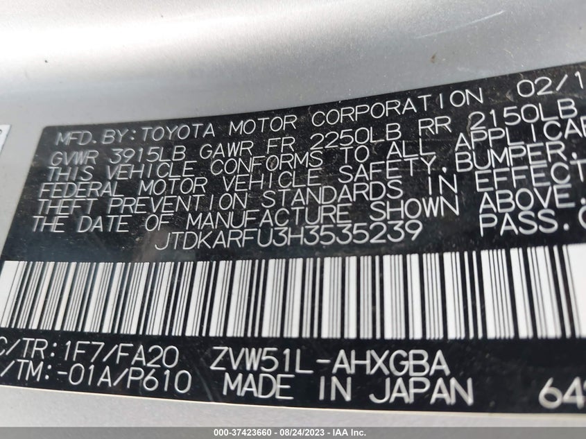 VIN JTDKARFU3H3535239 2017 TOYOTA PRIUS TWO/TWO ECO/THREE