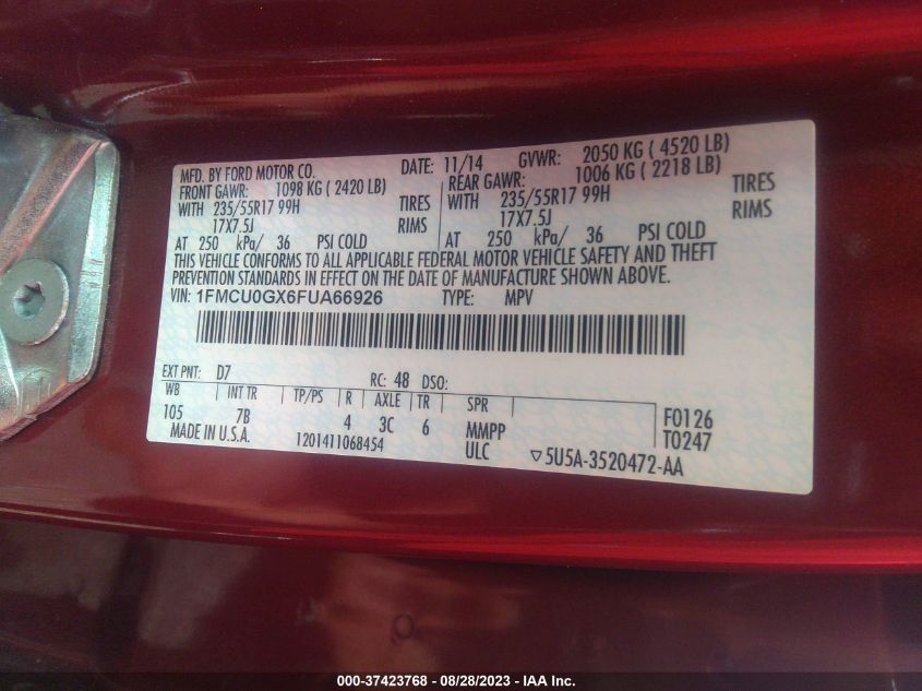 2015 FORD ESCAPE SE - 1FMCU0GX6FUA66926