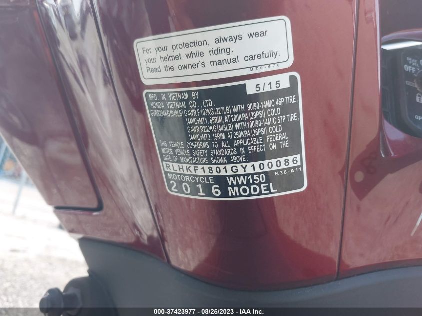 2016 HONDA PCX 150 - RLHKF1801GY100086