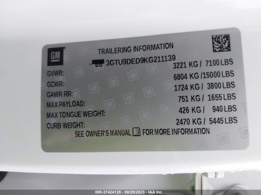 2019 GMC SIERRA 1500 SLT - 3GTU9DED9KG211139