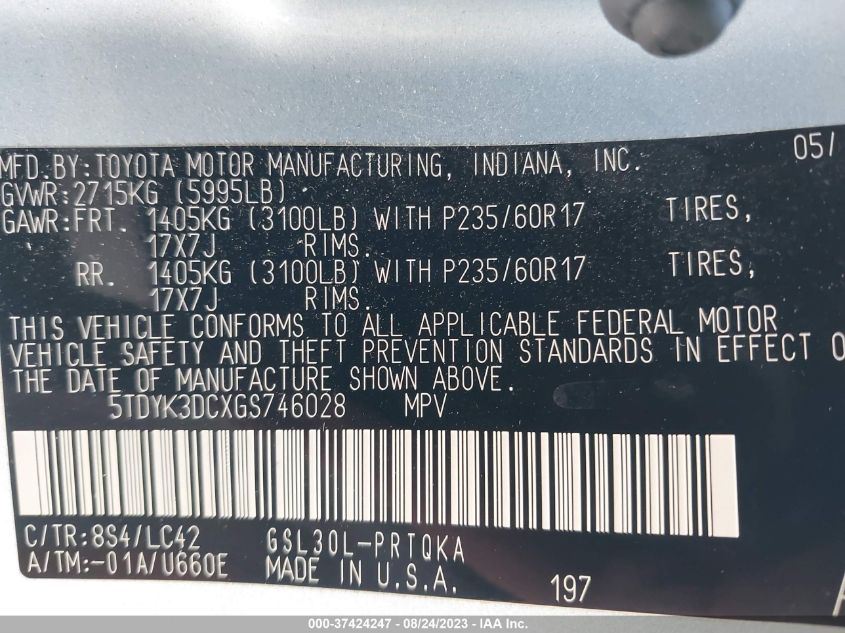 2016 TOYOTA SIENNA XLE/XLE AAS/LTD - 5TDYK3DCXGS746028
