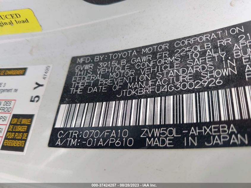 2016 TOYOTA PRIUS - JTDKBRFU4G3002926