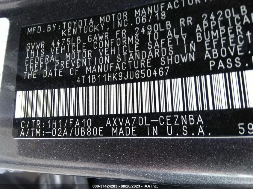 2018 TOYOTA CAMRY L/LE/XLE/SE/XSE - 4T1B11HK9JU650467