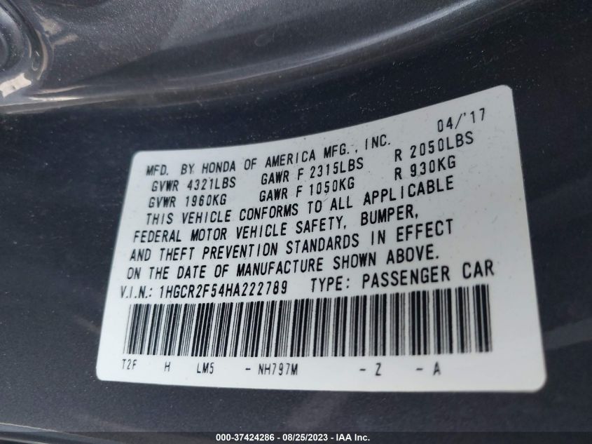 2017 HONDA ACCORD SEDAN SPORT - 1HGCR2F54HA222789