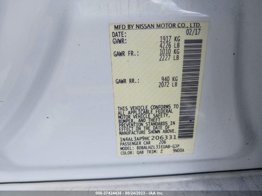 VIN 1N4AL3AP9HC206331 2017 NISSAN ALTIMA 2.5 SR