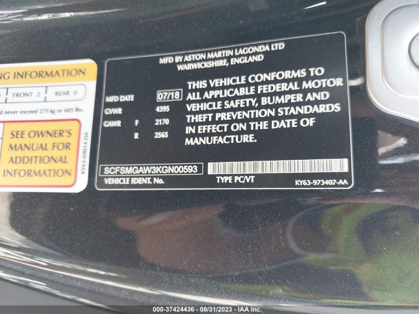 2019 ASTON MARTIN VANTAGE SCFSMGAW3KGN00593