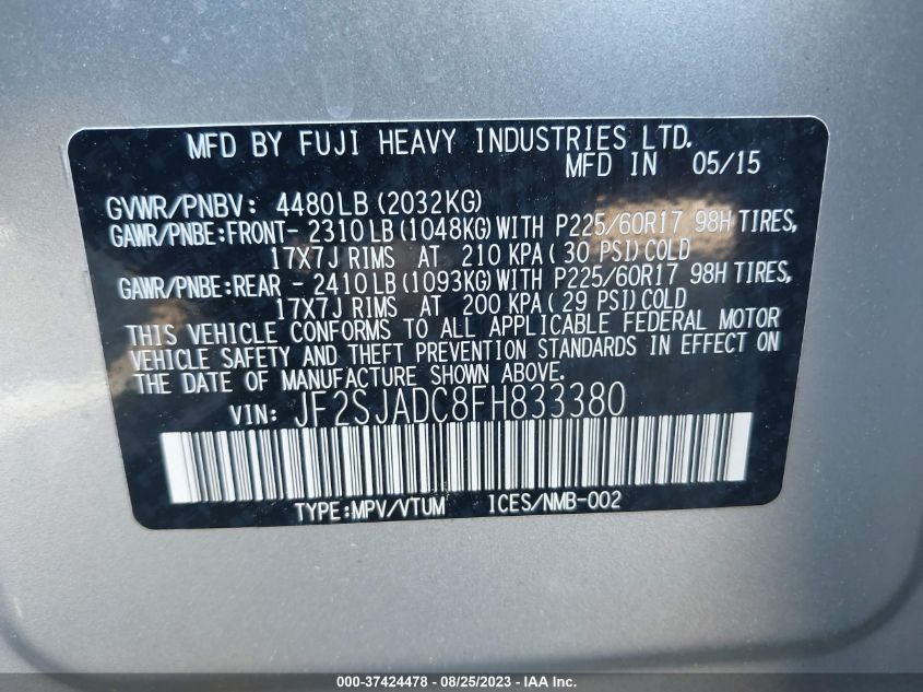 2015 SUBARU FORESTER 2.5I PREMIUM - JF2SJADC8FH833380