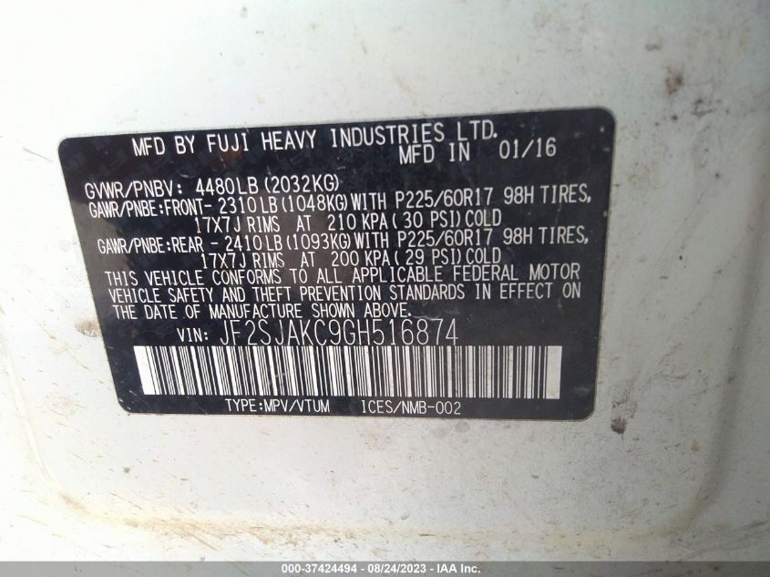 2016 SUBARU FORESTER 2.5I LIMITED - JF2SJAKC9GH516874