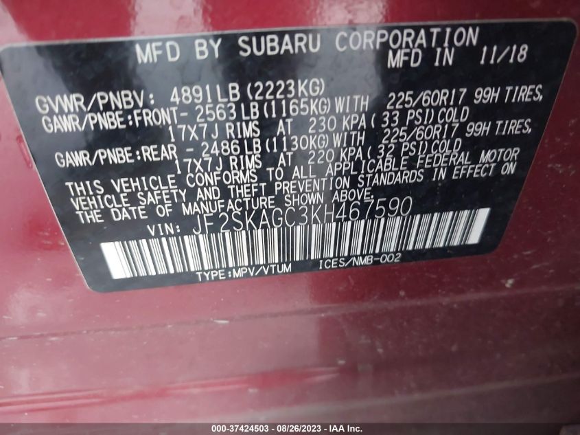 2019 SUBARU FORESTER PREMIUM - JF2SKAGC3KH467590