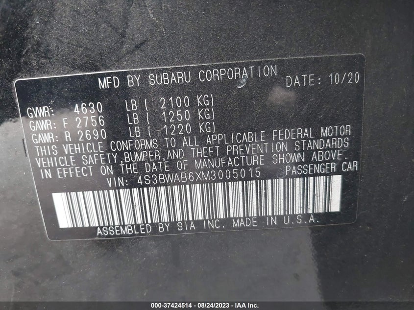 VIN 4S3BWAB6XM3005015 2021 SUBARU LEGACY