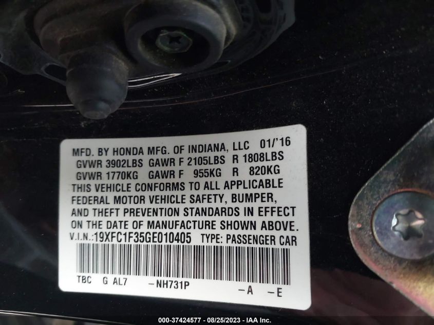 2016 HONDA CIVIC SEDAN EX-T - 19XFC1F35GE010405