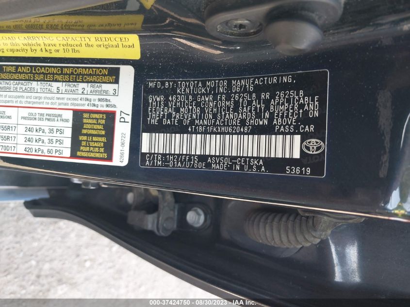 2017 TOYOTA CAMRY XLE/SE/LE/XSE - 4T1BF1FKXHU620487