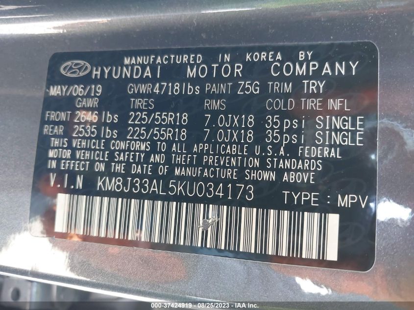 2019 HYUNDAI TUCSON SEL - KM8J33AL5KU034173