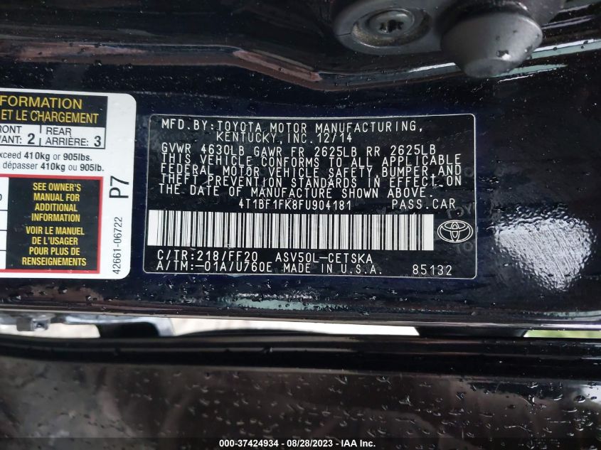 2015 TOYOTA CAMRY XLE/SE/LE/XSE - 4T1BF1FK8FU904181