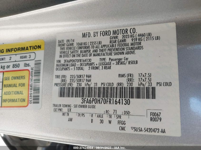 2015 FORD FUSION SE - 3FA6P0H70FR164130