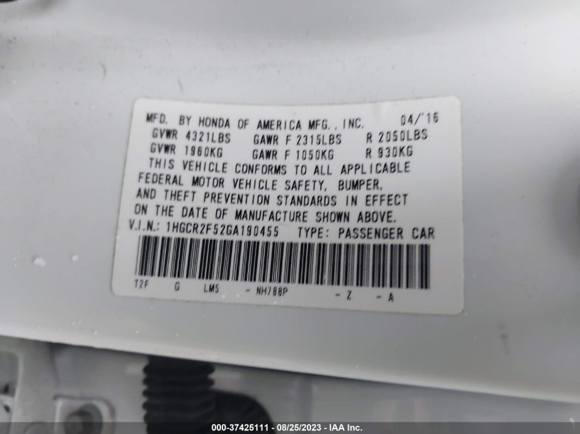 2016 HONDA ACCORD SEDAN SPORT - 1HGCR2F52GA190455