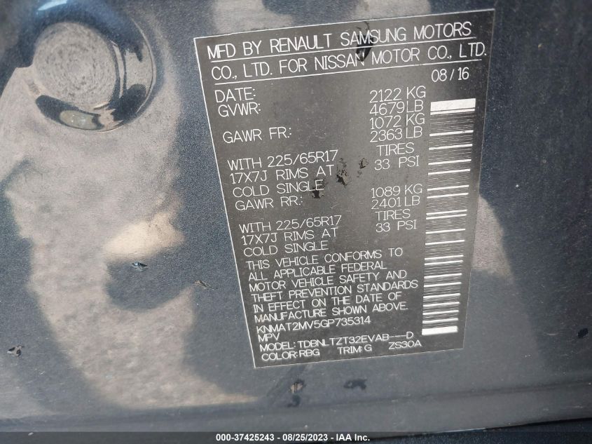 2016 NISSAN ROGUE SV - KNMAT2MV5GP735314