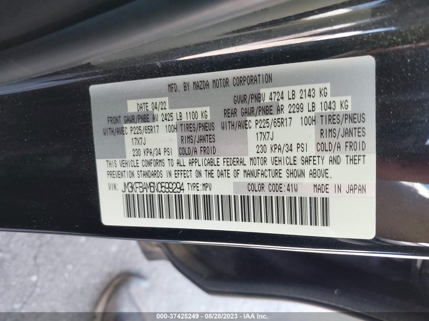 VIN JM3KFBAM6N0599294 2022 MAZDA CX-5 2.5 S