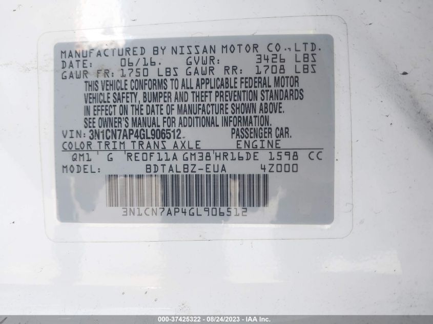 2016 NISSAN VERSA S/S PLUS/SL/SV - 3N1CN7AP4GL906512