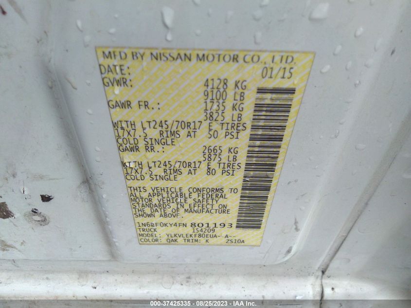 2015 NISSAN NV CARGO NV2500 HD SV V6 1N6BF0KY4FN801193