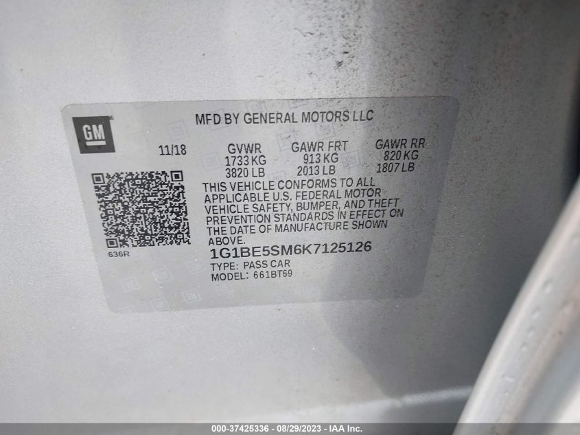 2019 CHEVROLET CRUZE LT - 1G1BE5SM6K7125126