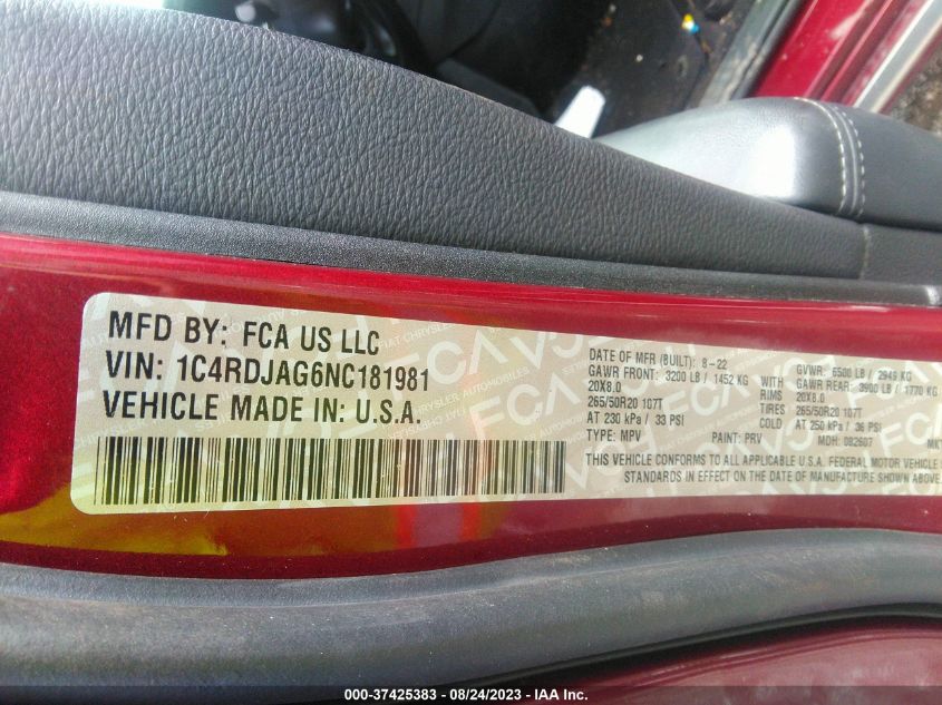 2022 DODGE DURANGO SXT - 1C4RDJAG6NC181981