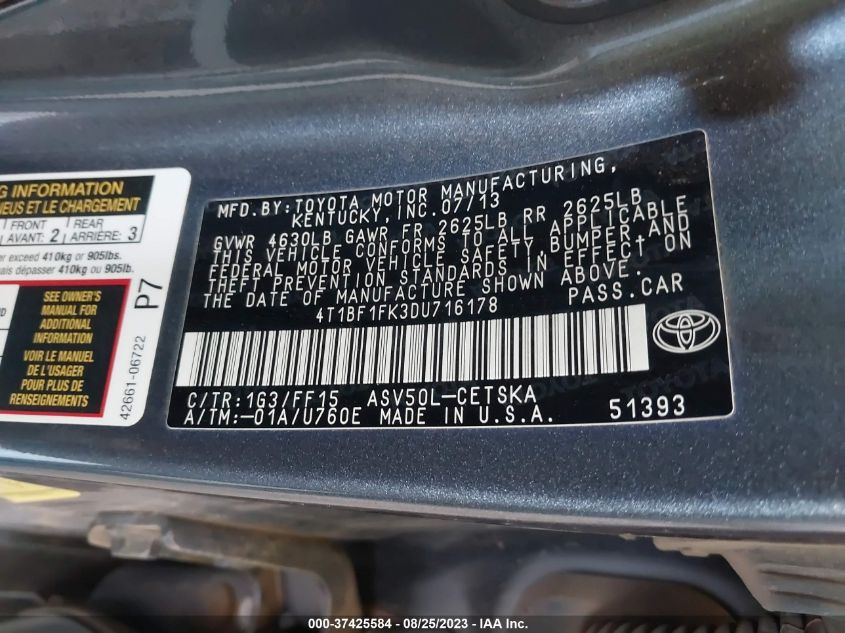 2013 TOYOTA CAMRY L/LE/SE/XLE - 4T1BF1FK3DU716178