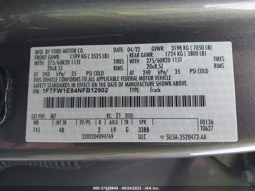 VIN 1FTFW1E84NFB12902 2022 FORD F-150 XL/XLT/LARIAT