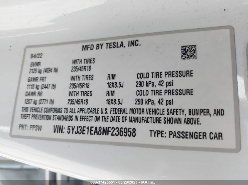 2022 TESLA MODEL 3 - 5YJ3E1EA8NF236958