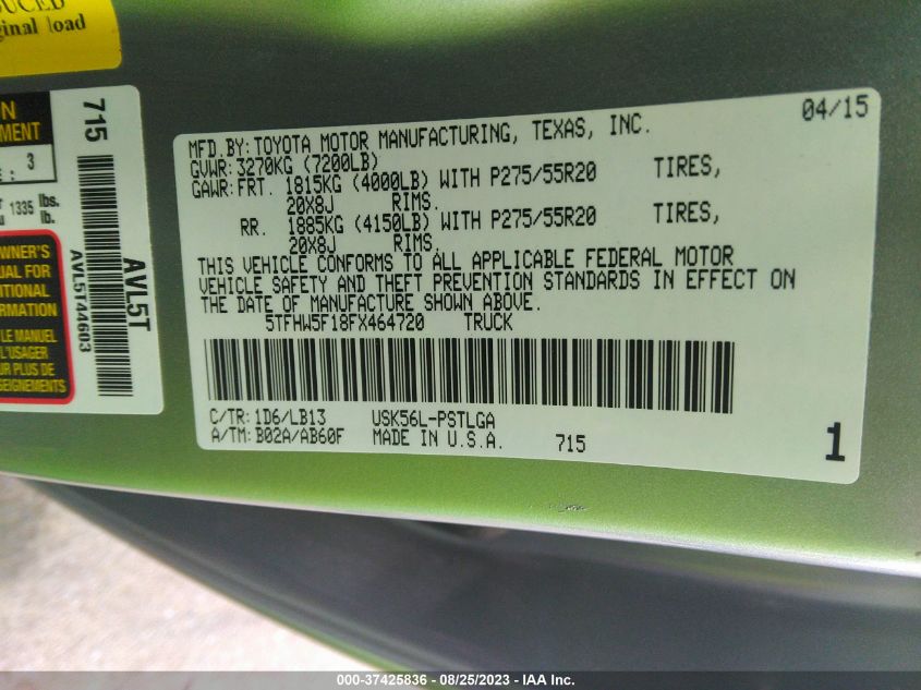 2015 TOYOTA TUNDRA 4WD TRUCK LTD - 5TFHW5F18FX464720