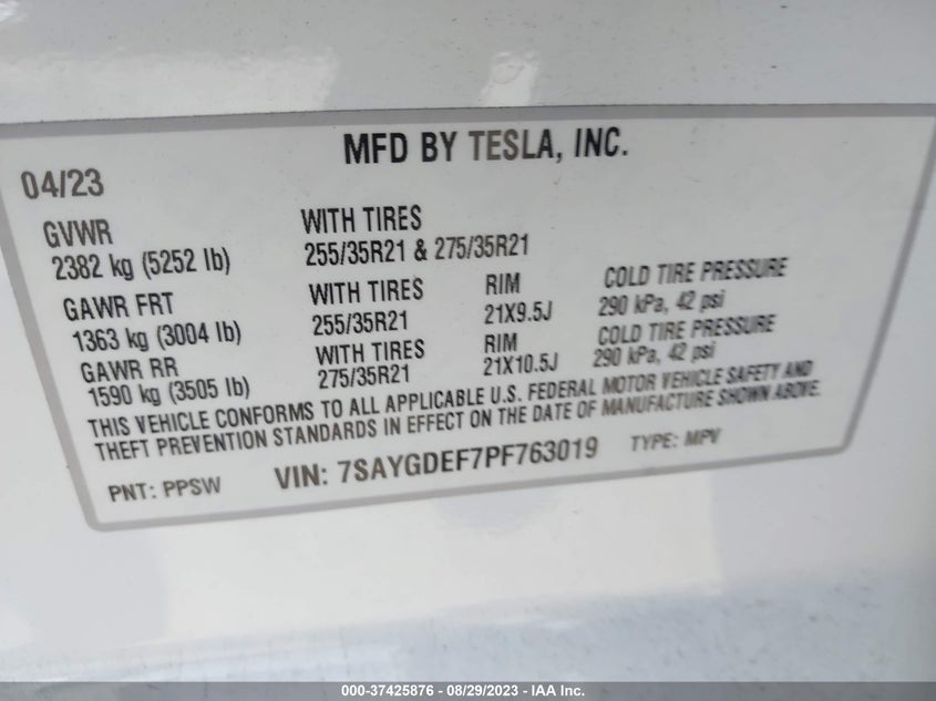 VIN 7SAYGDEF7PF763019 2023 TESLA MODEL Y