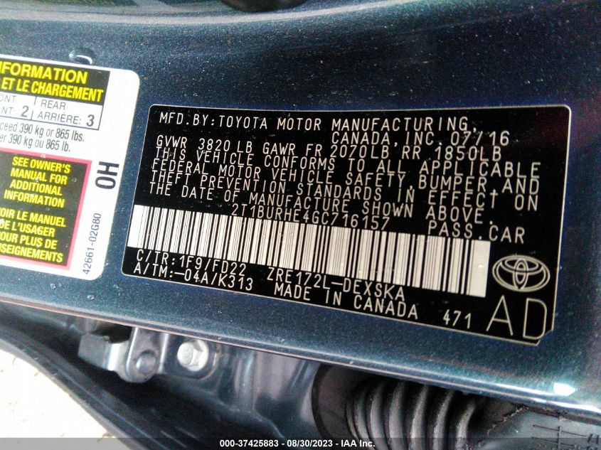 2016 TOYOTA COROLLA L/LE/S/S PLUS/LE PLUS - 2T1BURHE4GC716157