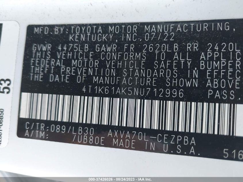 2022 TOYOTA CAMRY XSE - 4T1K61AK5NU712996