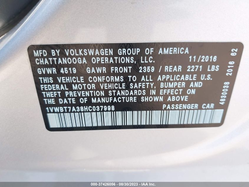 2017 VOLKSWAGEN PASSAT 1.8T SE - 1VWBT7A38HC037998
