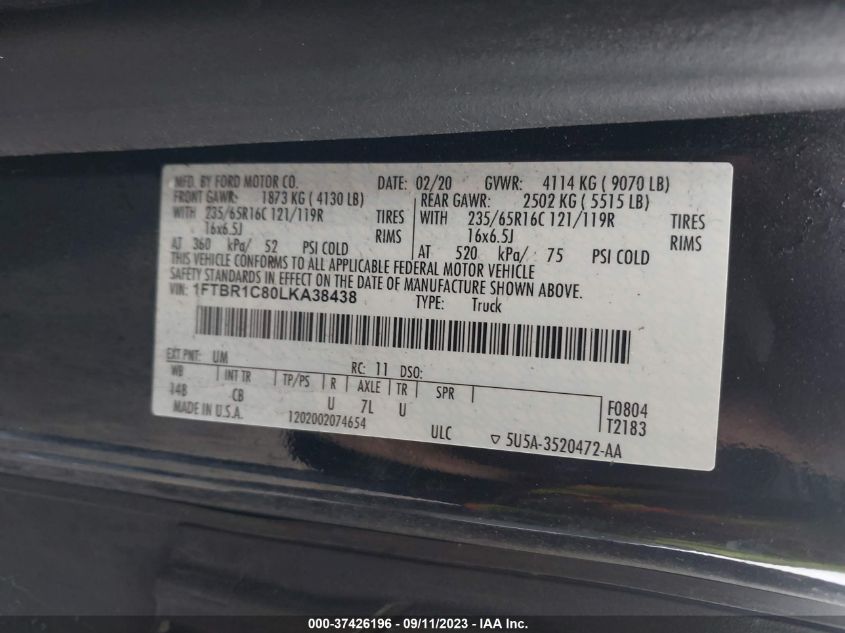 2020 FORD TRANSIT-250 CARGO VAN 1FTBR1C80LKA38438