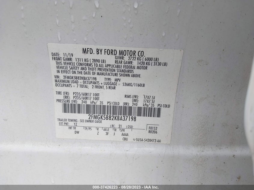 VIN 2FMGK5B82KBA37198 2019 FORD FLEX SE