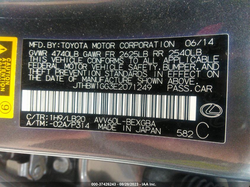 2014 LEXUS ES 300H HYBRID - JTHBW1GG3E2071249