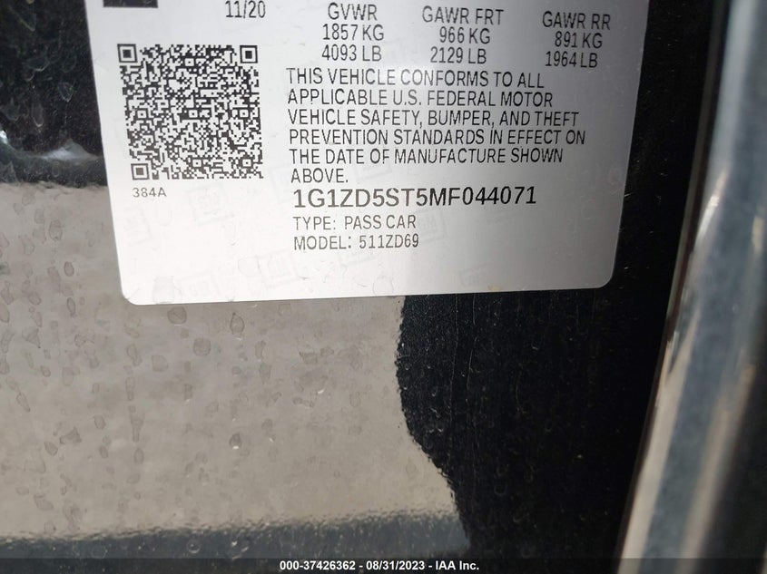 VIN 1G1ZD5ST5MF044071 2021 CHEVROLET MALIBU LT
