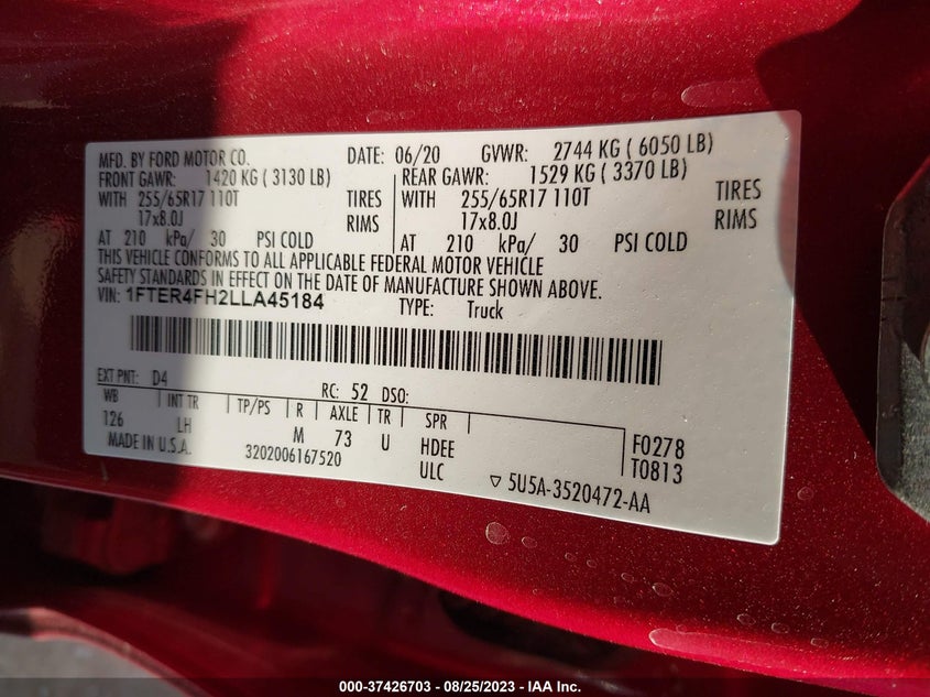 VIN 1FTER4FH2LLA45184 2020 FORD RANGER XL/XLT/LARIAT