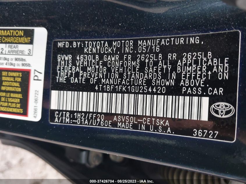 2016 TOYOTA CAMRY XLE/SE/LE/XSE - 4T1BF1FK1GU254420