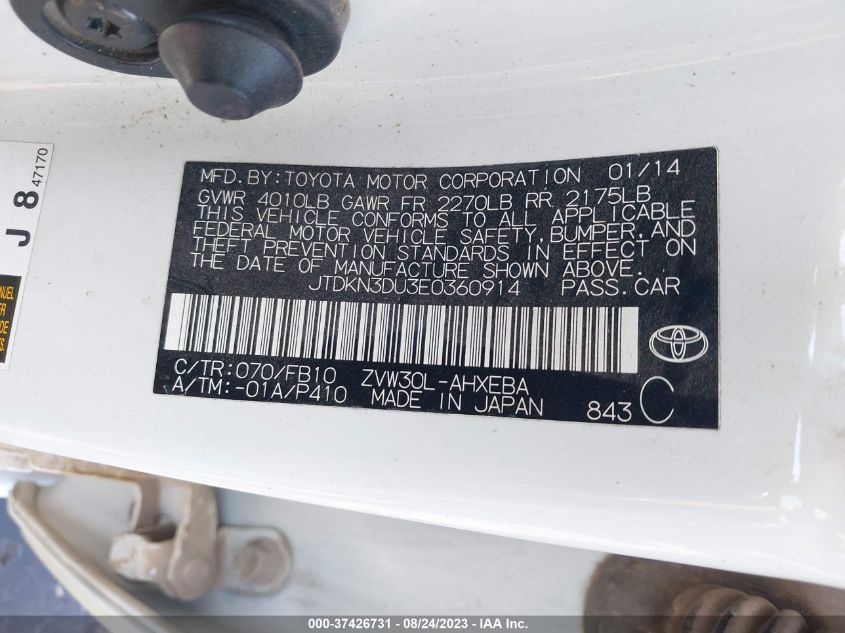 2014 TOYOTA PRIUS FOUR/FIVE/THREE/ONE/TWO - JTDKN3DU3E0360914