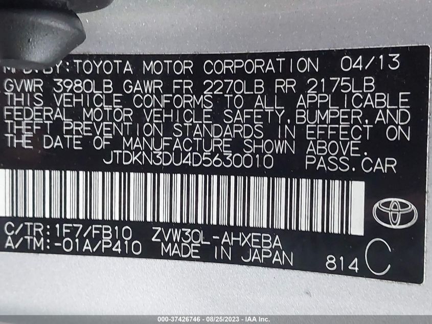 2013 TOYOTA PRIUS ONE/TWO/THREE/FOUR/FIVE - JTDKN3DU4D5630010