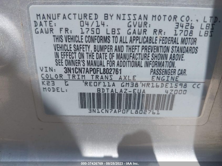 2015 NISSAN VERSA S PLUS - 3N1CN7AP0FL802761